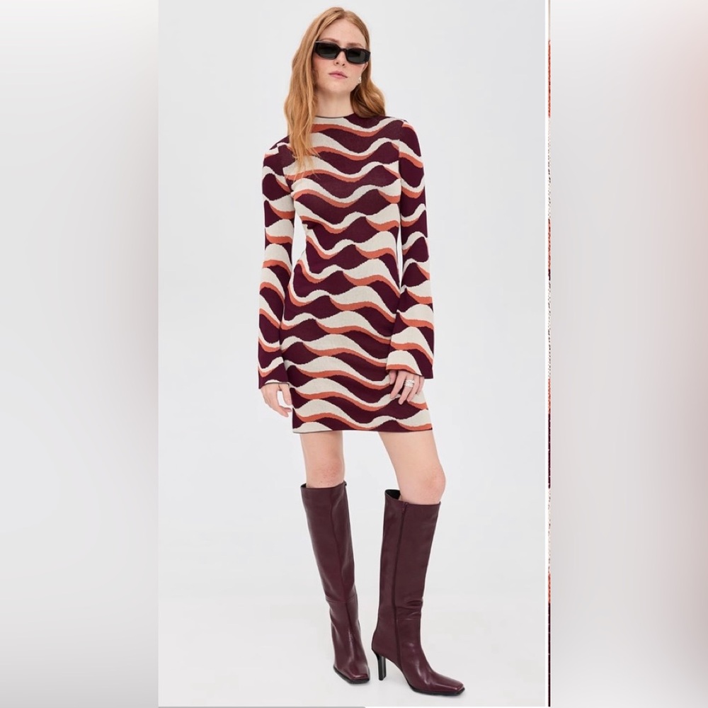 NWT Misa Los Angeles Deliz  Wave Knit Mini Dress in Burgundy, Cream and Rust